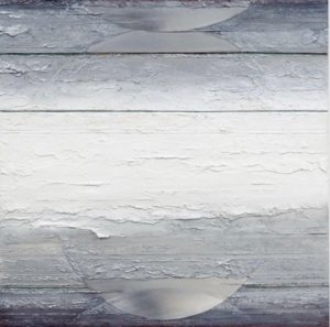 Art showing textured surfaces in gray and white tones